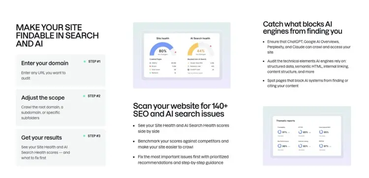 Side-by-side mobile screenshots of the middle section of a landing page by Semrush highlighting features and benefits of the tool.