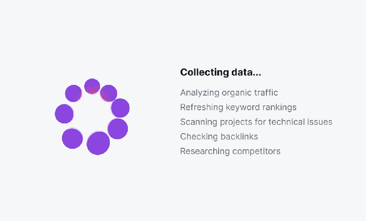 Semrush data collection loading screen showing analysis of traffic and backlinks