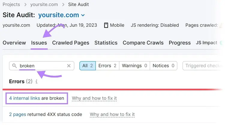 “Issues” tab with “broken” search