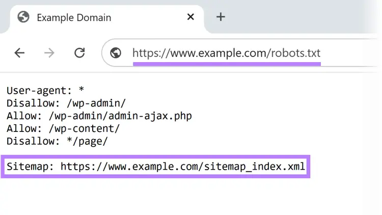 Browser view of a robots.txt file with sitemap URL highlighted