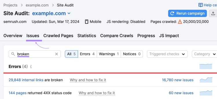 Screenshot: Site Audit Issues tab showing errors including broken internal links with issue count