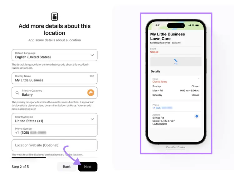 Form with language, name, category, country, phone, and website. Purple arrow points to Next.