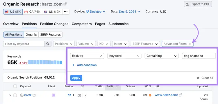 Filter advanced filters to exclude seed keywords.