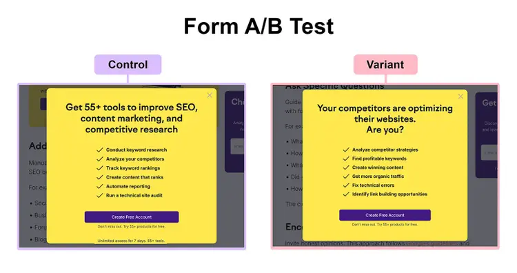 A/B test comparison showing control and variant pop-ups about SEO tools and competitor analysis