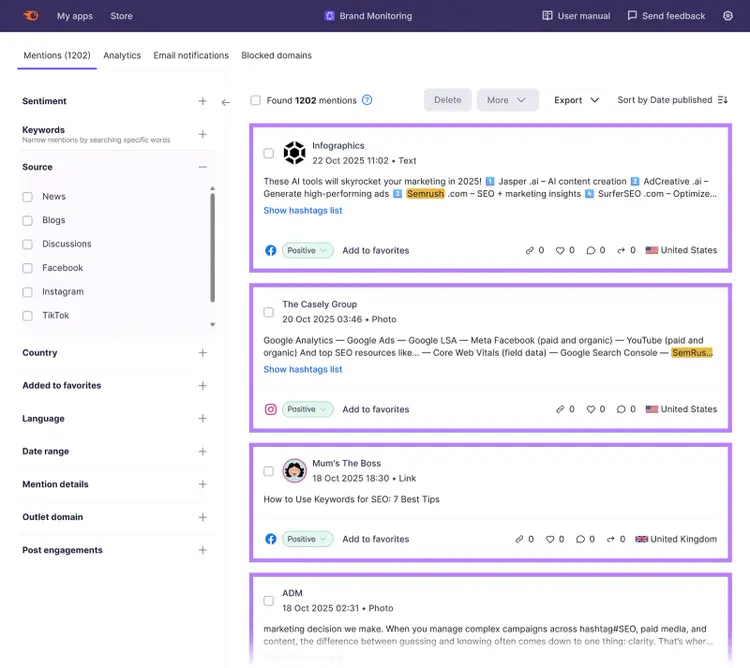 Brand Monitoring dashboard listing positive mentions from blogs and social media sources.