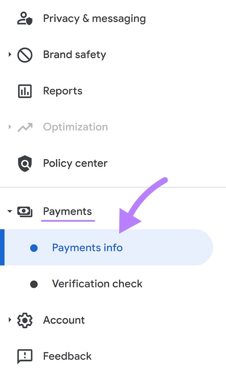 "Payments info" tab in Google AdSense account