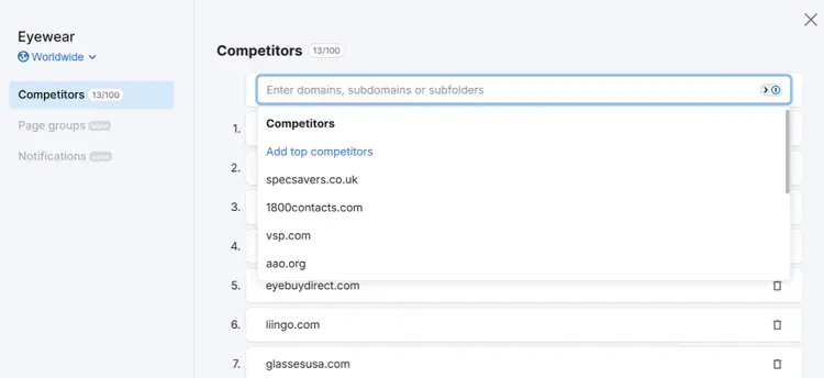 Competitors panel showing suggested eyewear competitor domains for market analysis