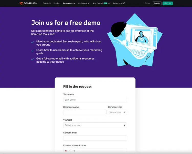 Sign up form on the Semrush website to access a free personalized demo.