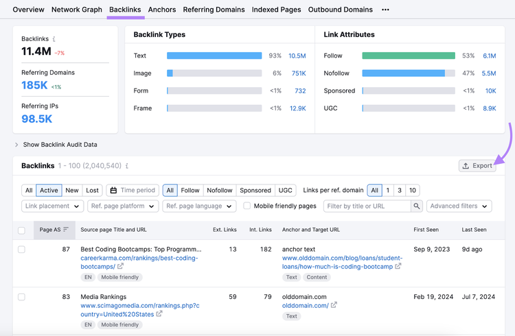 Backlinks tab highlighted with report showing source page linking to what anchor text and URL on the old domain