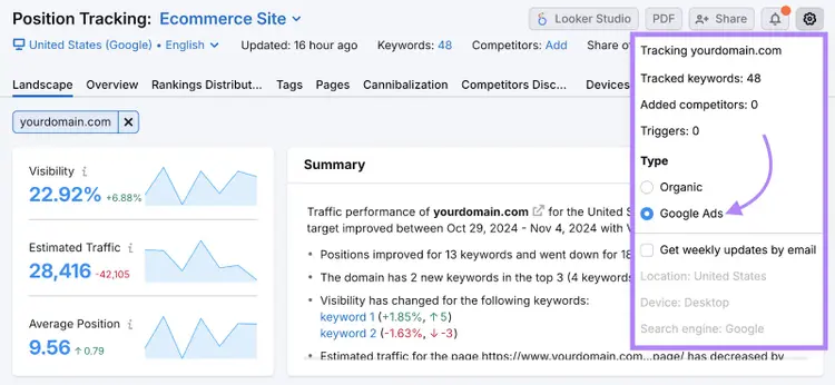 google ads option selected in position tracking settings