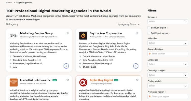 Digital marketing agency directory showing Marketing Empire Group, Peyton Ave Corp, InsideOut Solutions