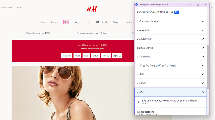 Siteimprove Accessibility Checker highlighting text element size issues on H&M website