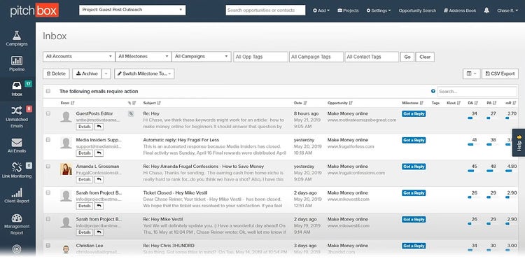 Pitchbox inbox interface