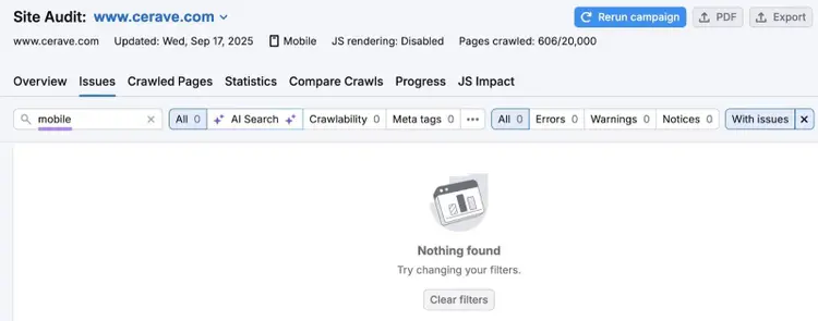 Site Audit Issues showing "cerave.com" without any mobile-related issues on their site.