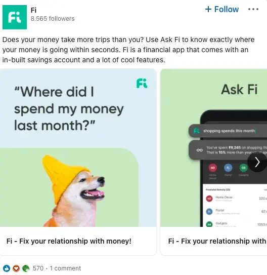 Fi financial app LinkedIn ad with dog mascot showing money spending analysis