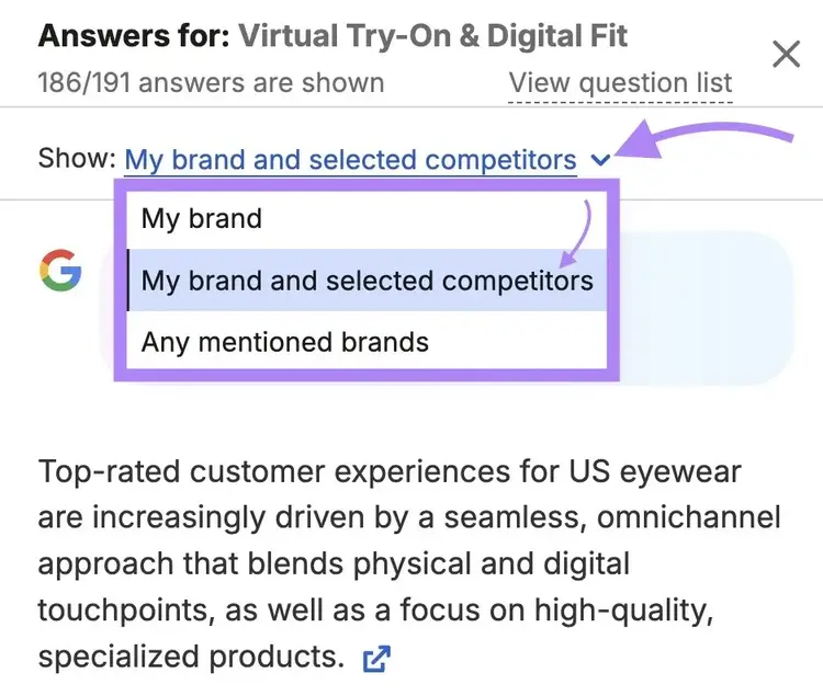 A prompt and response on Key Business Drivers by Frequency with the filter set to show “My brand and selected competitors.”
