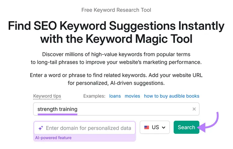 Keyword Magic Tool search screen for finding keyword ideas from a seed keyword.