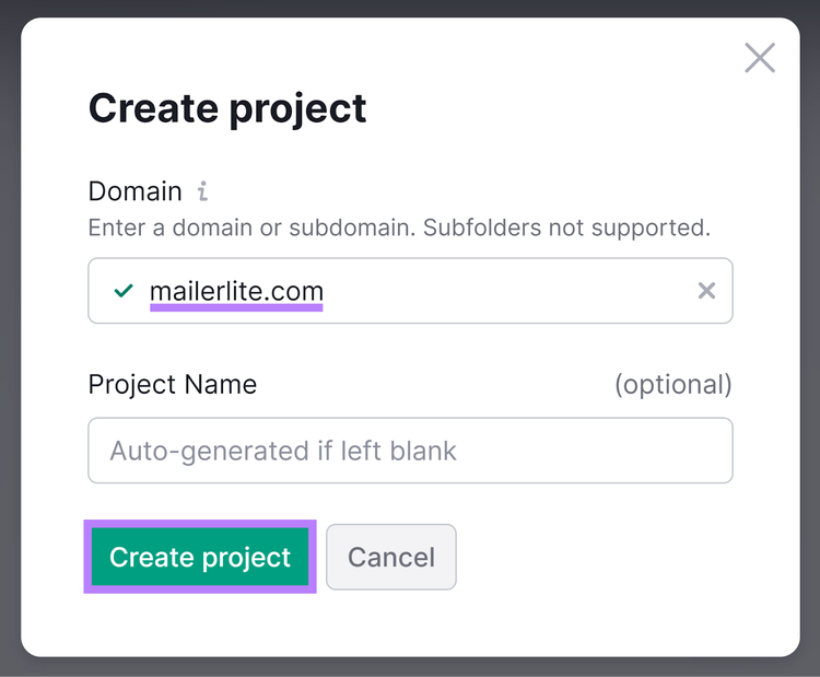 Create project popup with domain entered and Create project button highlighted