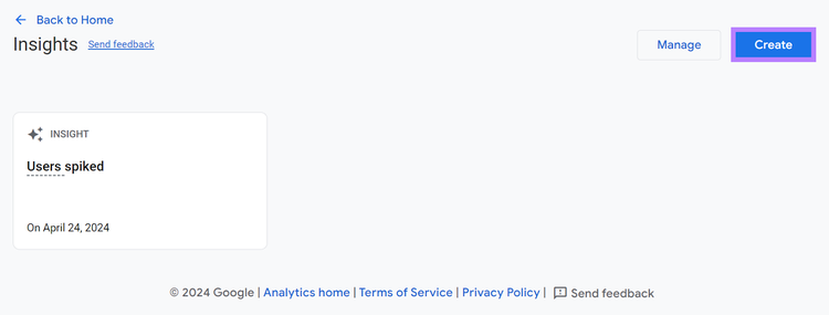 Insights page with Create button highlighted.