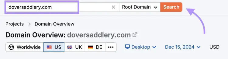 Semrush Domain Overview search for doversaddlery.com