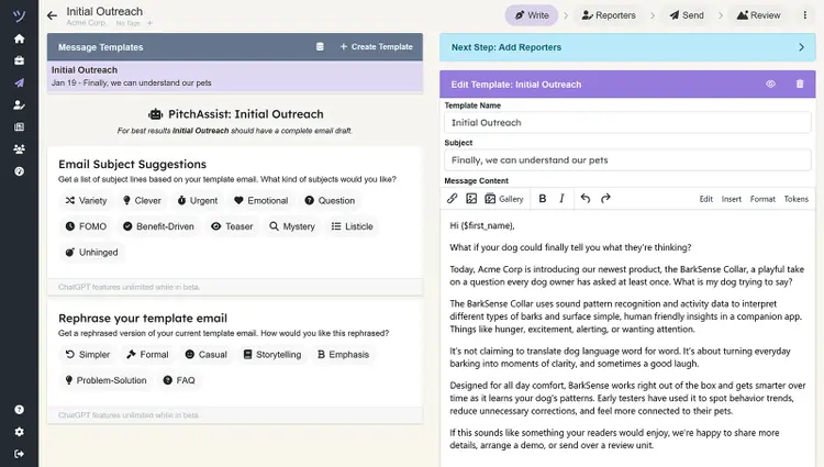 PitchFriendly email editor showing a pitch template with subject line, message body, and AI rephrasing sections.