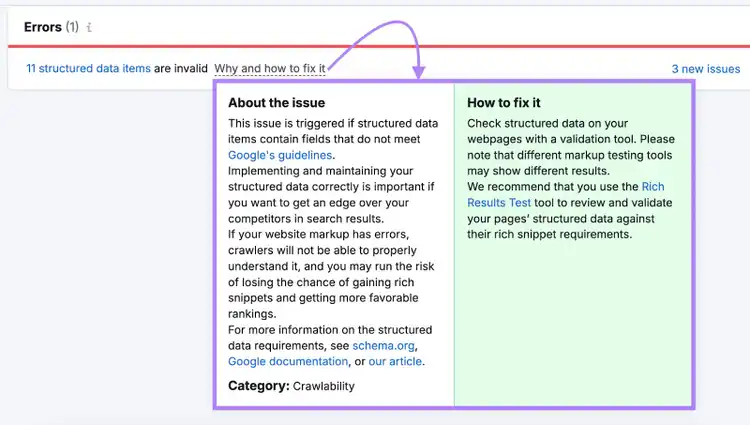 Site Audit describes the invalid structured data items issue and shares how to fix it.