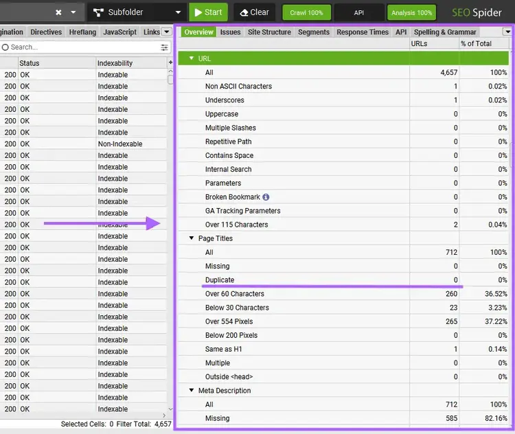 Duplicate title tags in the SEO Spider Overview tab.