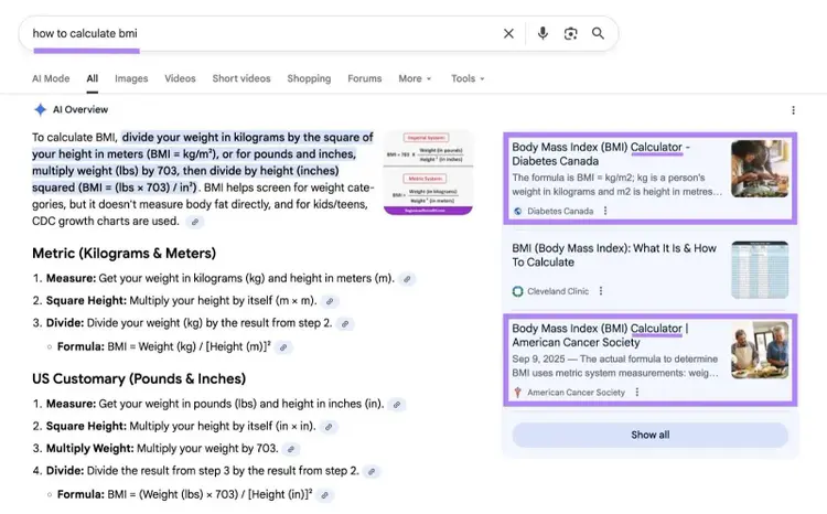 Google SERP for the term "how to calculate bmi" with the sources that feature calculators highlighted.