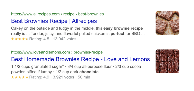 Google search results for brownie recipes from Allrecipes and Love and Lemons with ratings