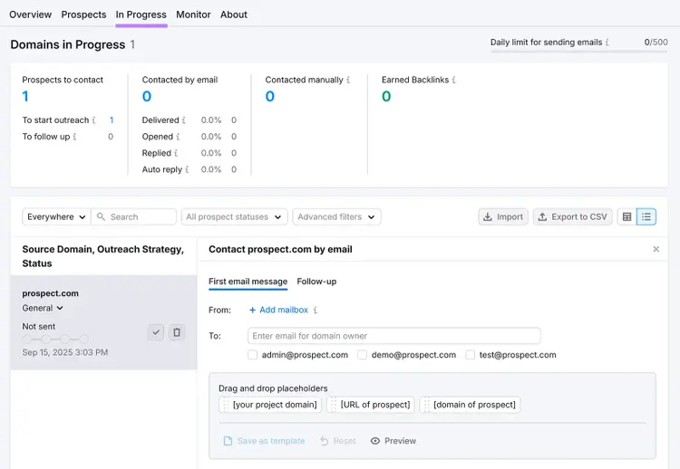 Outreach progress view showing one prospect with email draft and contact placeholders.