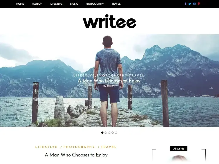 Writee WordPress theme with scenic mountain landscape hero and A Man Who Chooses to Enjoy article