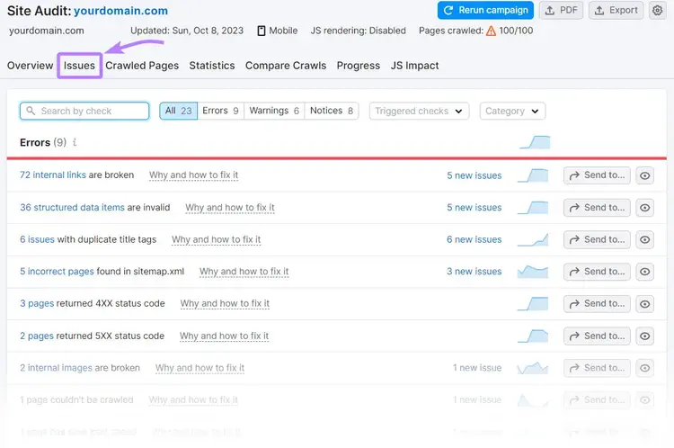 "Issues" tab in Site Audit tool