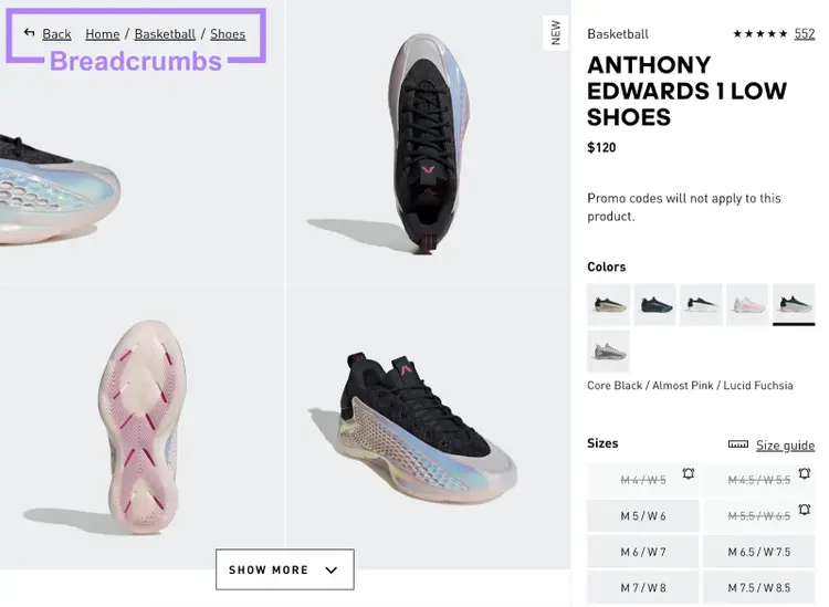 Breadcrumbs annotated on Anthony Edwards 1 Low Shoes product page