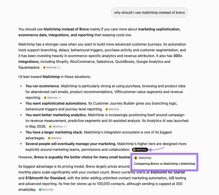 Mailchimp's Brevo comparison page cited as a source for the prompt "why should i use mailchimp instead of brevo" on ChatGPT.