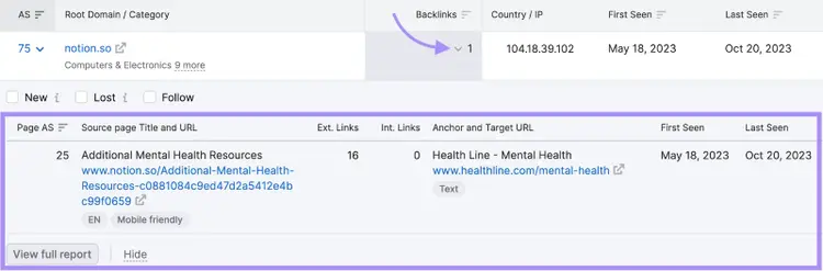 "1" highlighted under the "Backlinks" column