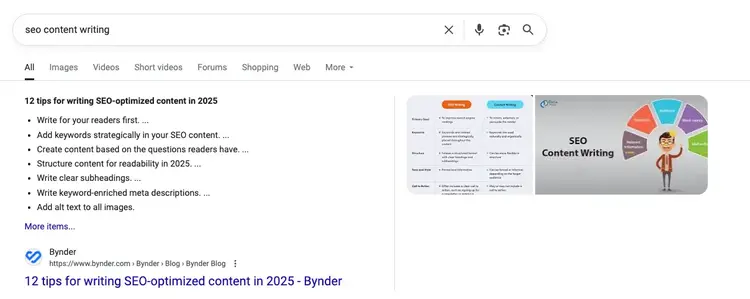 Featured snippet showing Bynder blog list of SEO content writing tips for 2025.