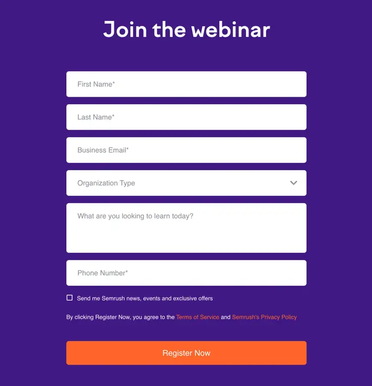 Semrush's webinar registration form