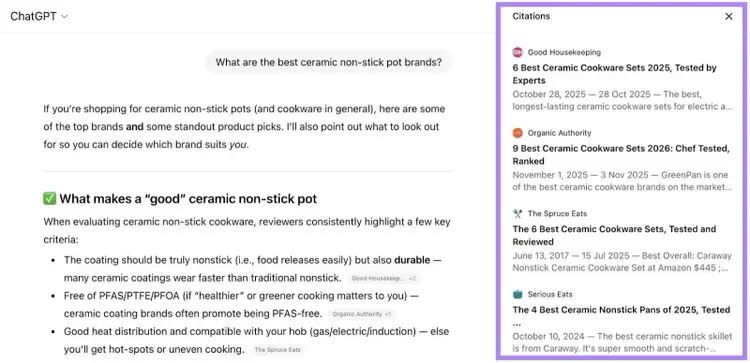 The "Citations" section highlighted to the right of a response on ChatGPT.