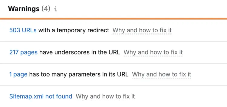 Warnings for this example site include temporary redirects, underscores in the URL, too many parameters in the URL, and more.