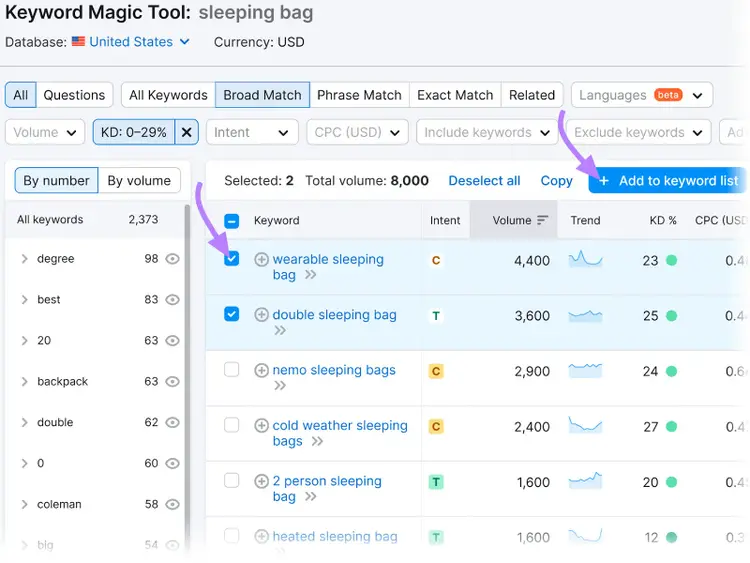 "wearable sleeping bag," and "double sleeping bag" keywords selected from the list