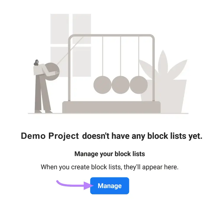 "Manage your block lists" pop-up window