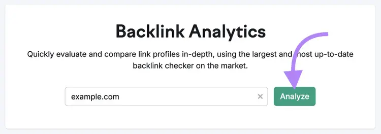 Backlinks tool with "example.com" inputted and "Analyze" highlighted