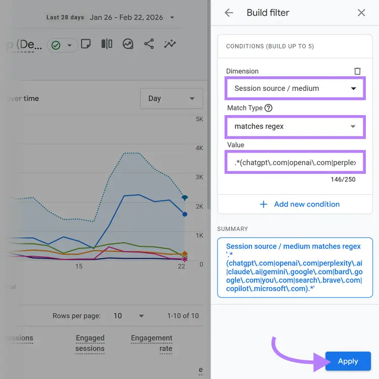 GA4 Build filter panel with session source regex for AI platforms.