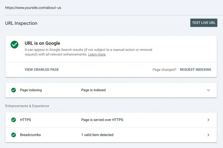Google Search Console URL Inspection showing an About Us page is indexed and served over HTTPS