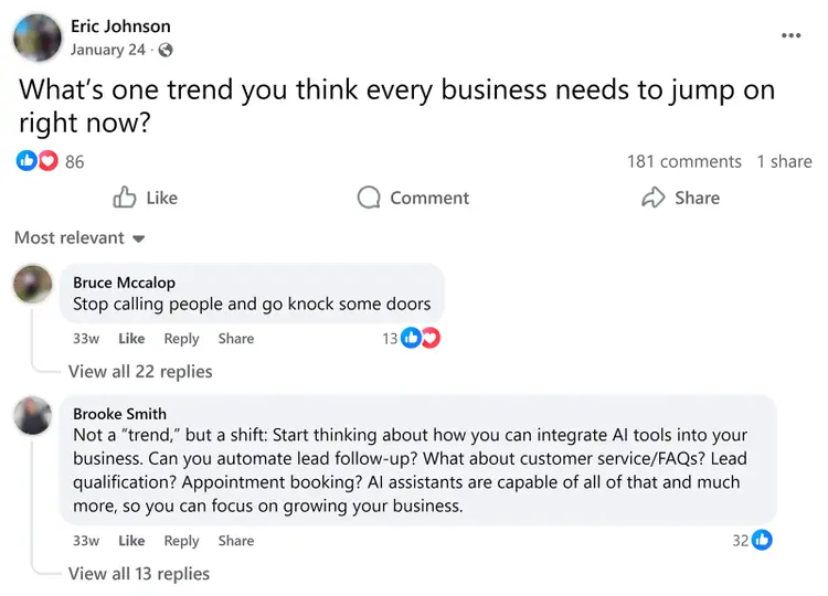 Facebook post asking about business trends with comments suggesting AI tools and direct outreach.