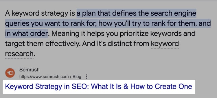Screenshot: Google SERP showing title tag example with Semrush blog article about keyword strategy