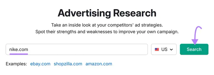 Semrush Advertising Research tool start with 'nike.com' in domain field and arrow pointing to Search button