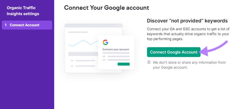 "Connect Google Account" button in Organic Traffic Insights tool