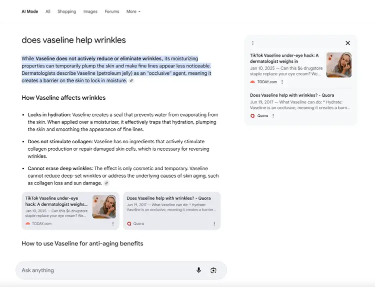 Google AI Mode response - Quora content example