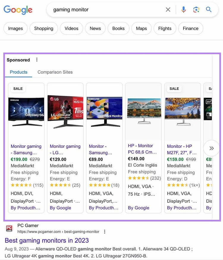 product listing ads in Google’s search results for "gaming monitor" search